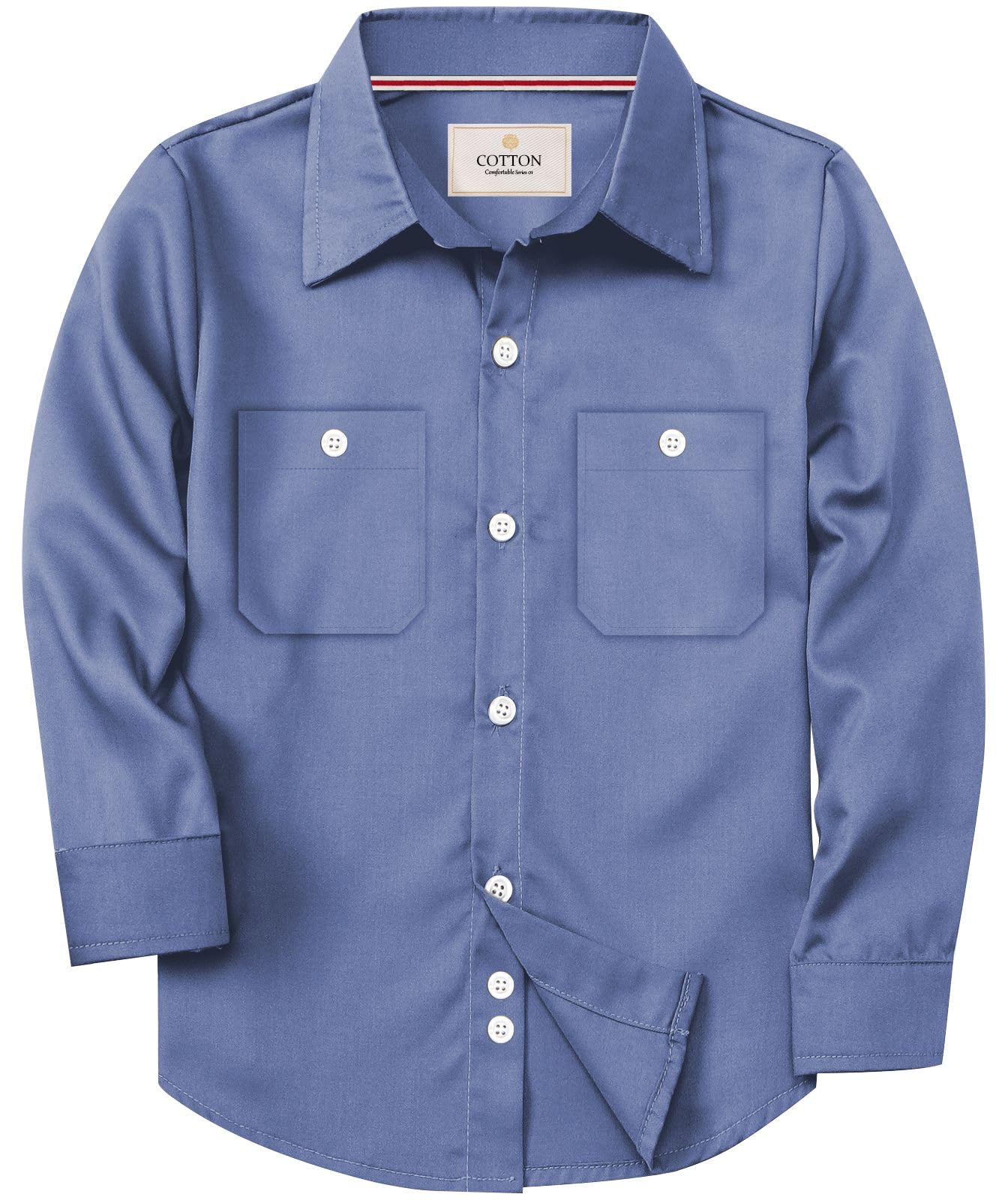 SANGTREE Boys & Mens 100% Cotton Long Sleeve Button Down Shirts Solid Collared Shirts with Two Pockets