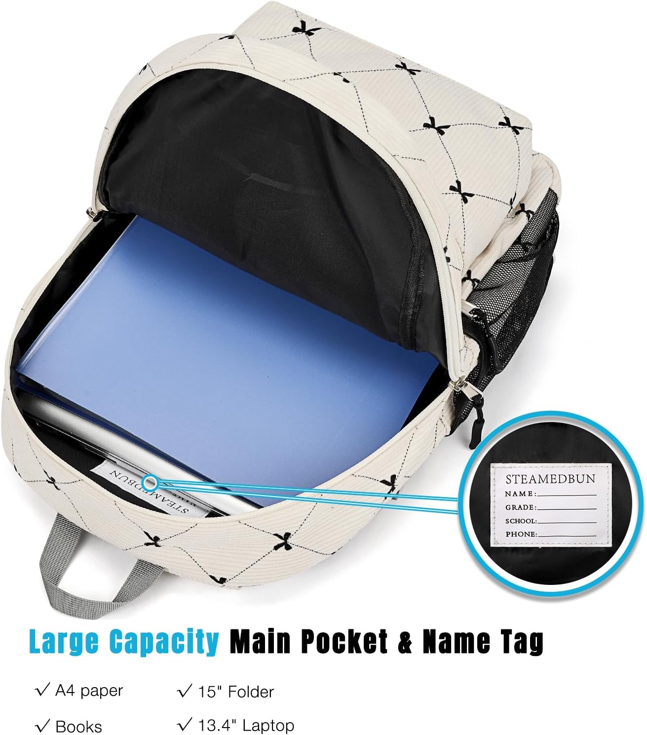 STEAMEDBUN Corduroy Kids Backpack for Girls Boys 3-8, Boys Girls Backpack for Elementary Kindergarten - Bow - Image 3