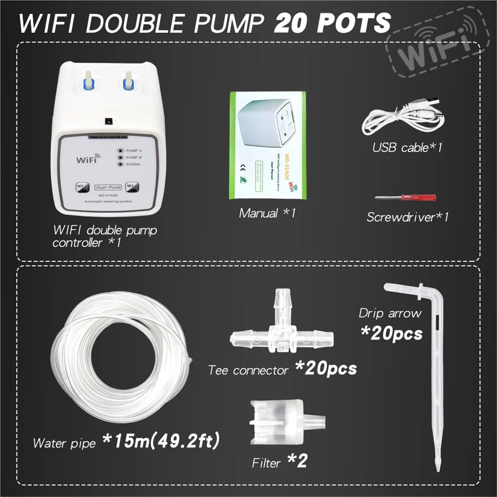 Programmatore di irrigazione. Dispositivo di irrigazione Intelligente WiFi Controller del Sistema di irrigazione a Goccia Automatico temporizzato a Doppia Pompa (20 Pots)