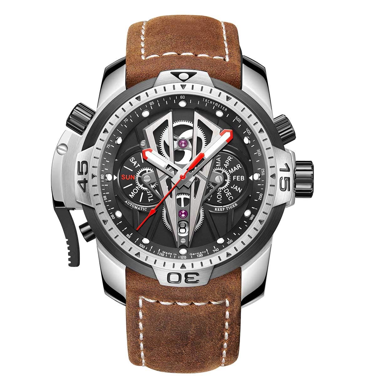 REEF TIGER Mens Sport Mechanical Watches with Steel Black Dial Automatic Watch Calfskin Leather Strap RGA3591