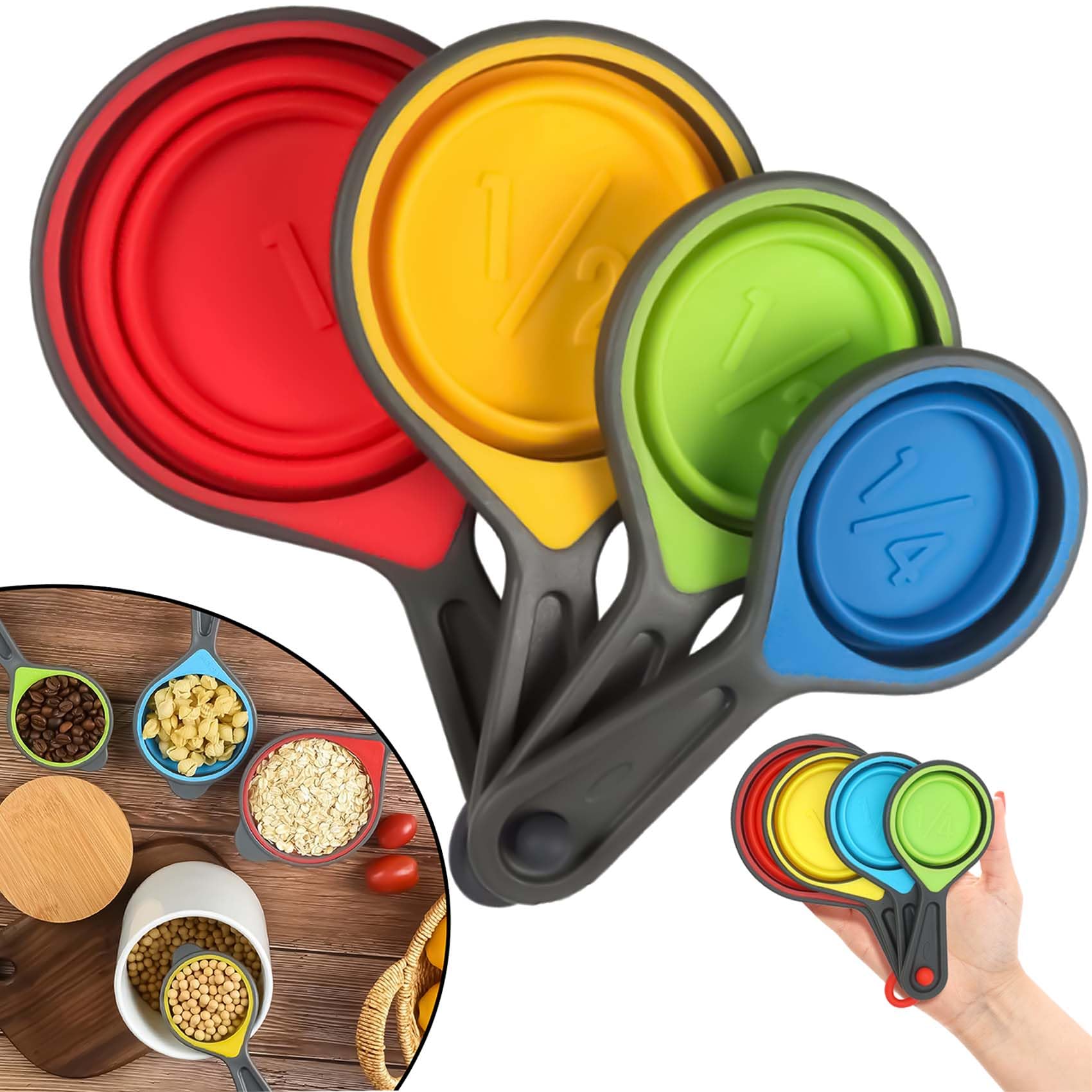 4X Silicone Collapsible Measuring Cup Set for Baking Cooking – Space Saving Stackable BPA-Free Kitchen Utensils – Dry Liquid Food Grade Cups – Dishwasher Safe