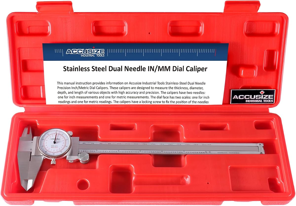 Accusize Industrial Tools 8''/200 mm by 0.001''/0.02 mm Dual Needle Precision Dial Caliper Stainless Steel in Fitted Case, Imperial/Metric, P920-S238 | 0.001 in/0.02 mm Resolution, +/-0.001 in/0.03 mm Accuracy, Hardened Stainless Steel, Fitted Case