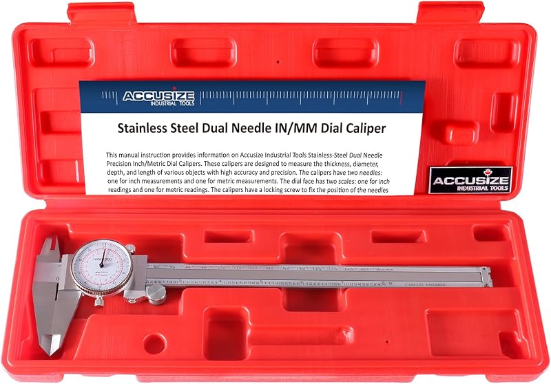 Accusize Industrial Tools 8''/200 mm by 0.001''/0.02 mm Dual Needle Precision Dial Caliper Stainless Steel in Fitted Case, Imperial/Metric, P920-S238 | 0.001 in/0.02 mm Resolution, +/-0.001 in/0.03 mm Accuracy, Hardened Stainless Steel, Fitted Case