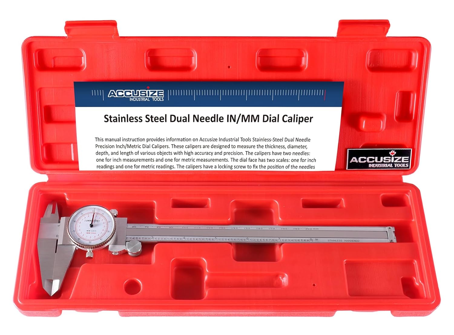 Accusize Industrial Tools 8''/200 mm by 0.001''/0.02 mm Dual Needle Precision Dial Caliper Stainless Steel in Fitted Case, Imperial/Metric, P920-S238