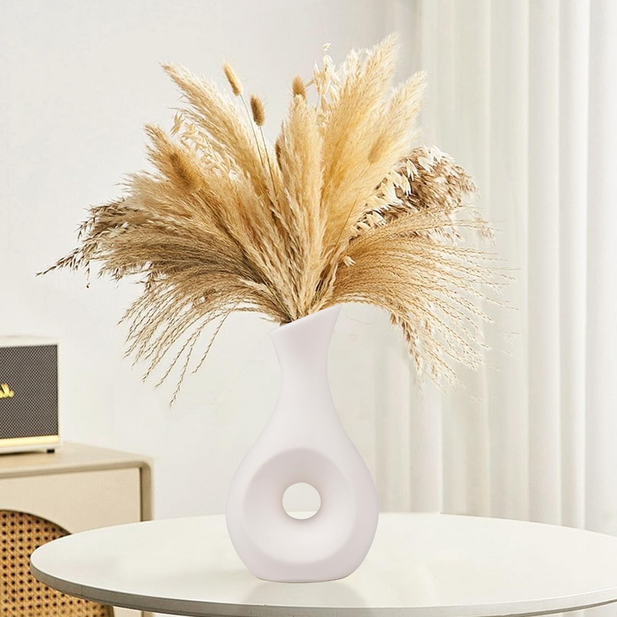White Ceramic Vase, Flower Vase for Modern Home Decor, Round Hole Boho Minimalist Vases, Aesthetic Centerpiece Vase for Dinner Table Living Room Bedroom Office Decorative Pampas Grass Vase