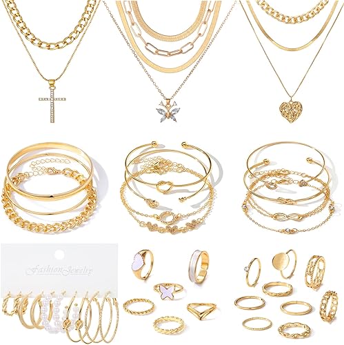 VKME Juego de 45 piezas de joyería dorada para mujeres y niñas, aretes colgantes delicados, elegantes anillos de nudillos, pulseras y collares