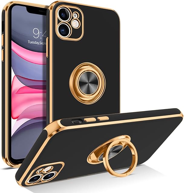 GUAGUA iPhone 11 Case with 360° Ring Holder, Slim Shockproof Kickstand Support Magnetic Car Mount Women Men Non-Slip Protective Phone Cover for iPhone 11 6.1 inch, Black/Gold