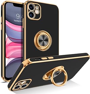 BENTOBEN Case iPhone 11, iPhone 11 Case Ring Holder Edge Plating Rotation Kickstand Soft Silicone TPU Bumper Women Girls Slim Flexible Anti Slip Shockproof Protective Case for iPhone 11, Black