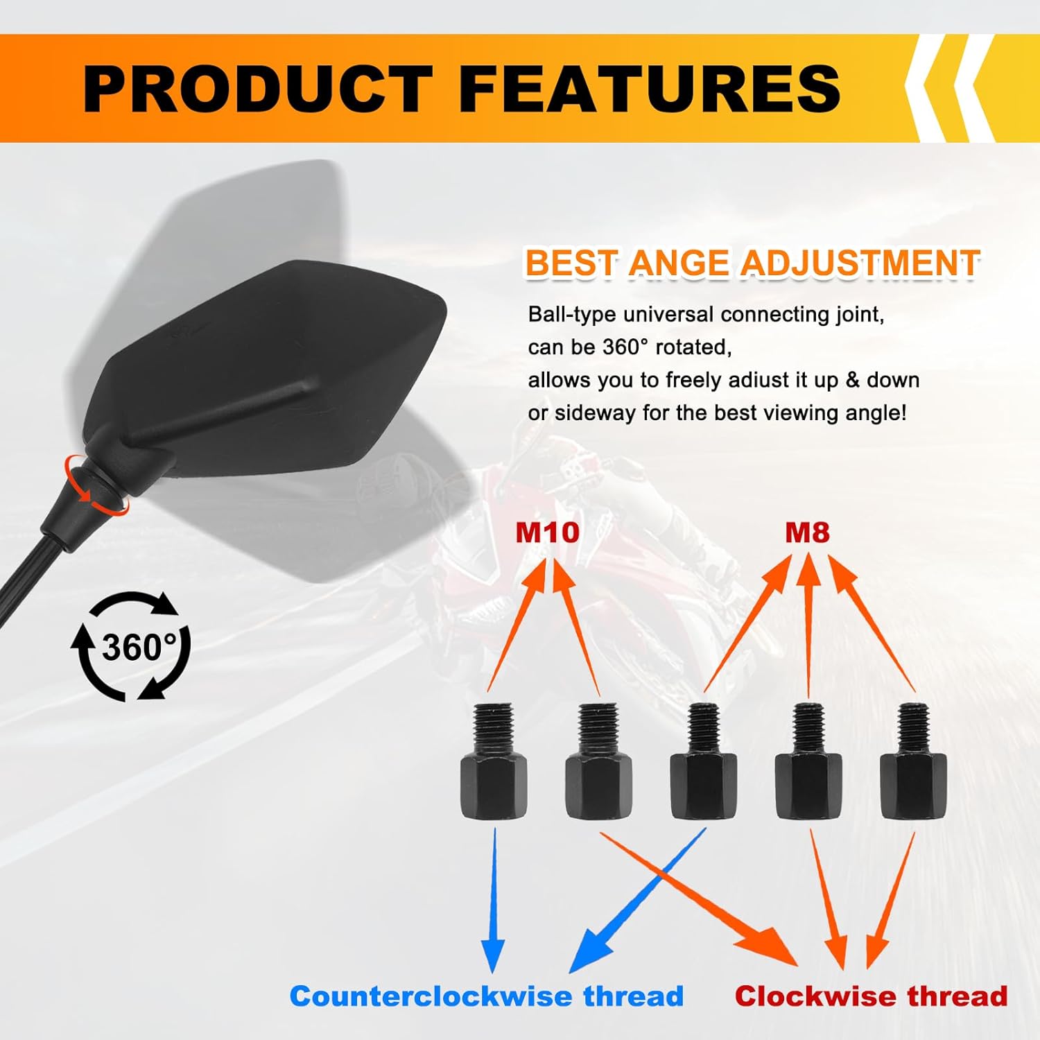 Universal Motorcycle Mirrors Mirrors Rear View Side Mirror for 8mm 10mm Bolt, 7/8" Handle Bar Mount Clamp Motorcycle ATV Accessories, Compatible with Scooter, ATV, Dirt Bike, Cruiser, Snowmobile - Image 4