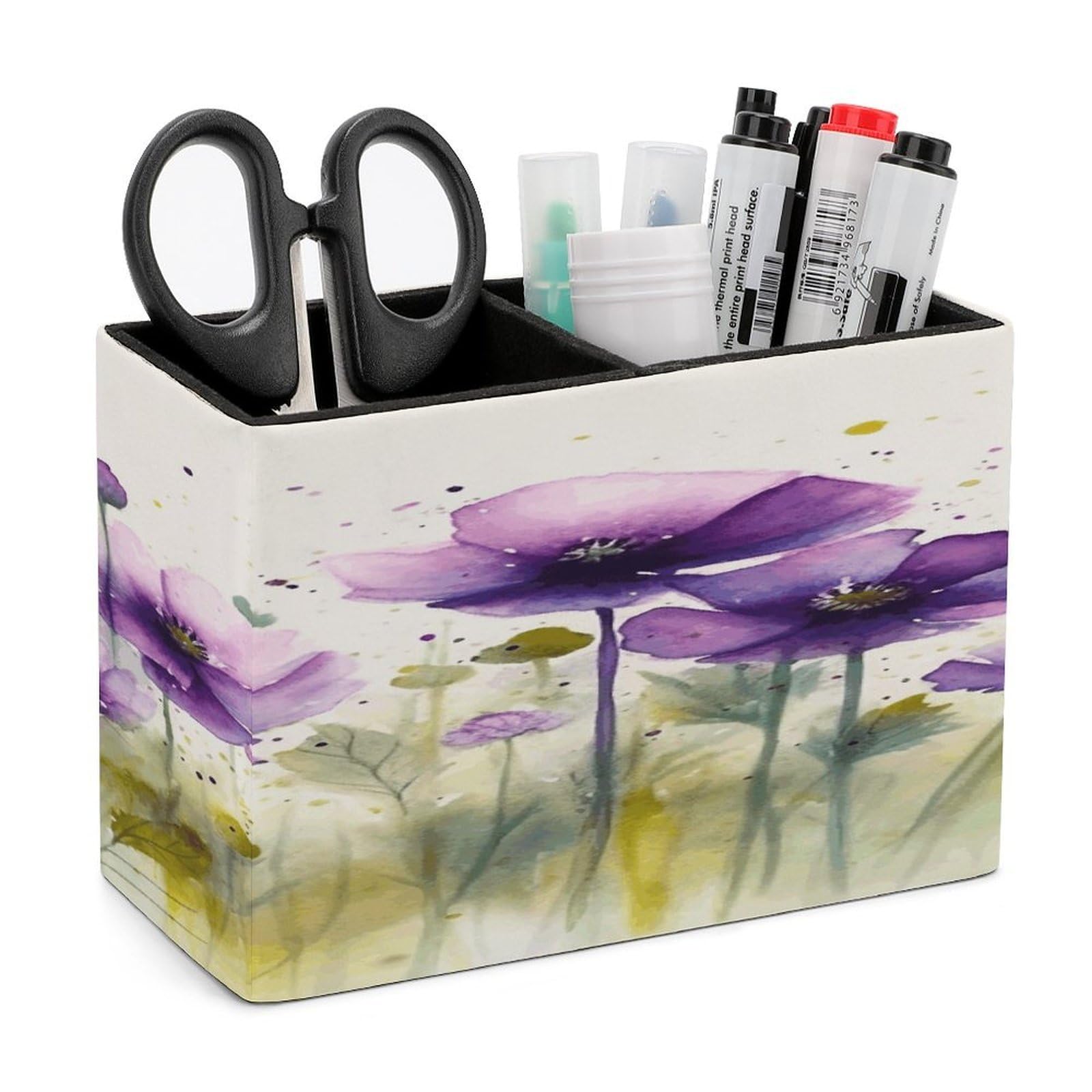 FekiLoot PU Leather Watercolor Purple Flowers Pen Holder for Desk 2 Compartments Desktop Stationary Organizer Rectangle Table Pencil Cup Stand Desktop Stationery Organizer Case for Office Home