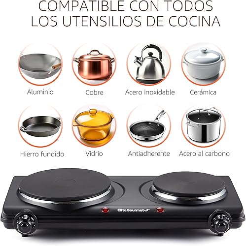 Miniatura 6 de Elite Gourmet EDB-302BF# Quemador doble de hierro fundido para encimera, placa caliente eléctrica de 1500 vatios, controles de temperatura, luces