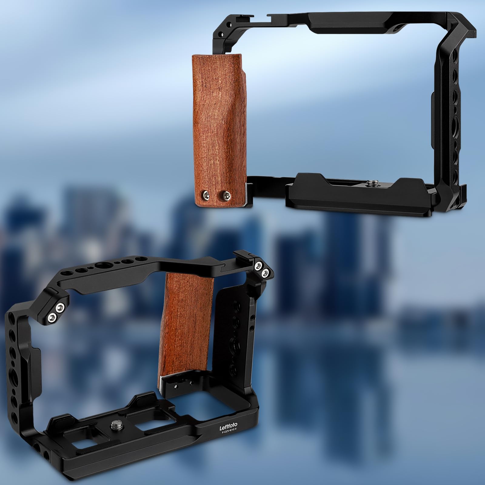 Leftfoto ZV-E10 II Cage métallique améliorée pour appareil photo Sony Alpha ZV-E10 II avec poignée ergonomique en bois intégrée, plaque à dégagement rapide pour Arca pour prise de vue vidéo Vlog