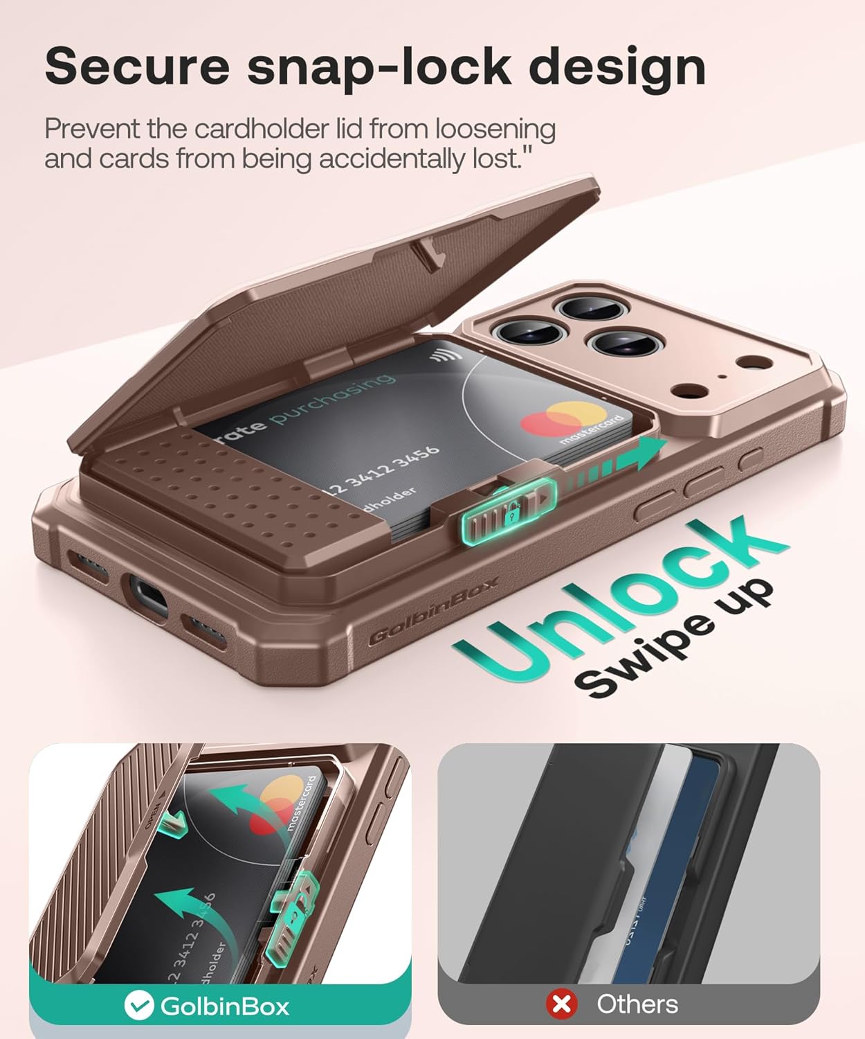 GolbinBox for iPhone 17 Pro Case with Card Holder and RFID Protection, [Built-in Safety Lock][Holds 4-5 Cards & Cash][Camera Control Button], Rugged Card Slot Wallet Case for 17 Pro 6.3'', Antler Glod - Image 3