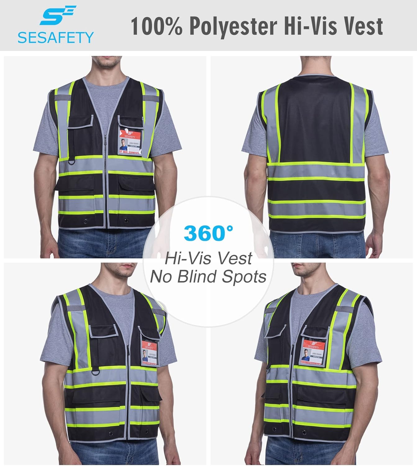 SESafety Safety Vest with 9 Pockets, High Visibility Reflective Vest, Security Vest, Work Vest for Men, Black Yellow Strips, L - - 