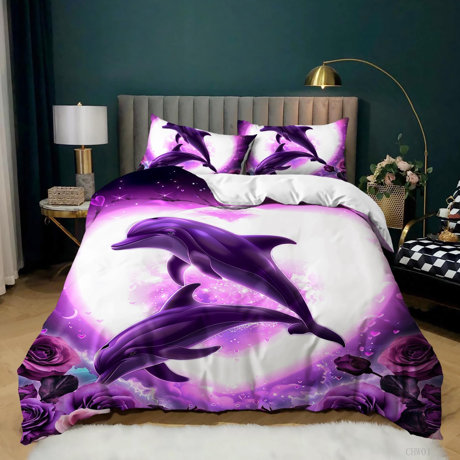 AILONEN Cute Dolphin Duvet Cover Set Queen Size,Romantic Flower Hearts Dolphin Couple Bedding Set,Rose Comforter Cover with 2 Pillowcases,3 Pieces