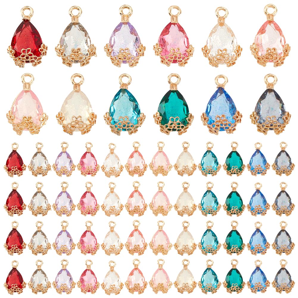 PH PandaHall 60pcs Teardrop Pendants, 12 Colors Transparent Faceted Charms Resin Crystal Pendants with Light Gold Alloy Accessory for Necklace Earring Bracelet Jewelry Craft Making, 20x12.5mm