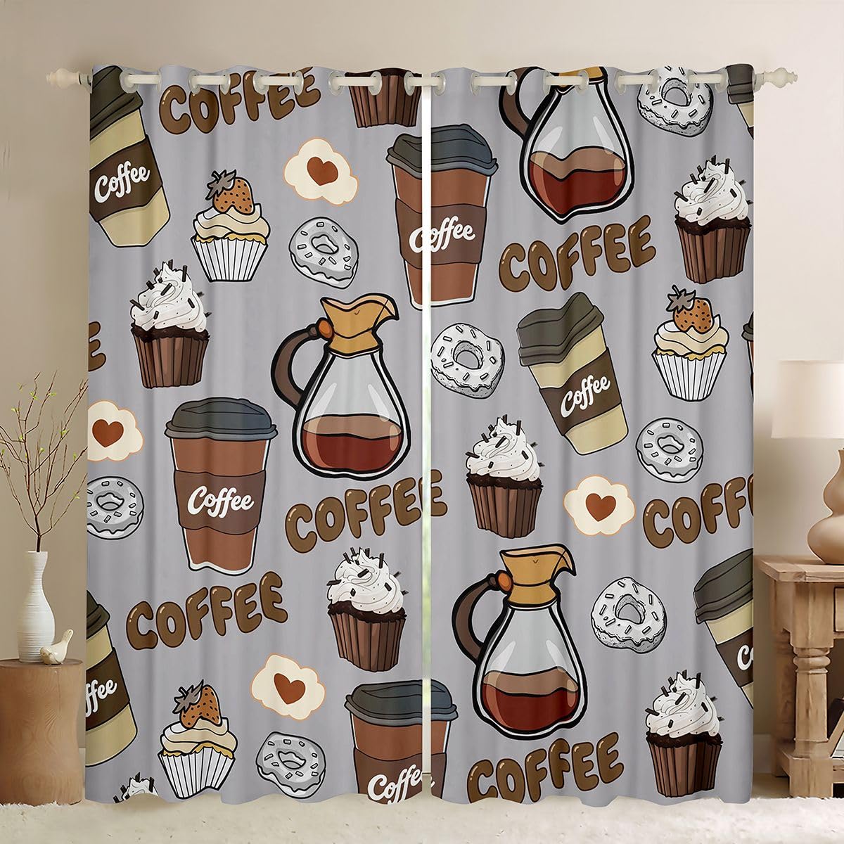 Homewish Cortinas opacas rústicas retro de café de 52 x 63 pulgadas, 2 paneles, cortinas de ventana vintage para dormitorio, decoración temática de comida y bebida
