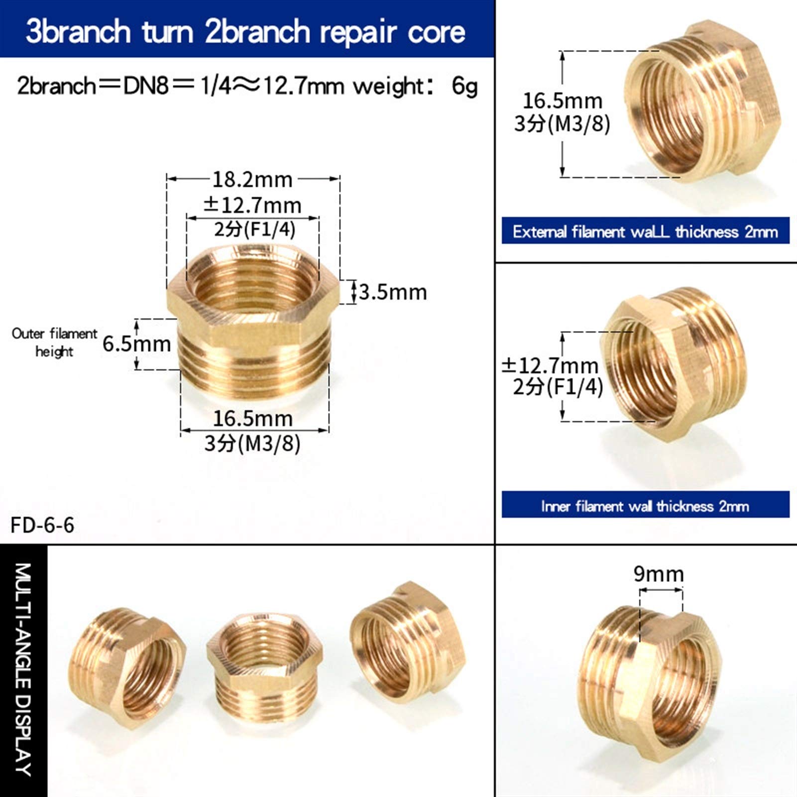 Zkenyao-Brass Connector Copper Inner and Internal Thread Conversion External Thread Copper Connector 1/8’, 1/2’, 1/4‘, 3/4’ to 1 Inch Brass Fittings, Simple to Install (Color : 3 Turn 2 Points)