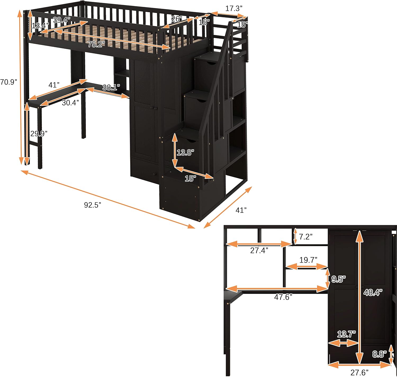 Detailed dimensions diagram of the VilroCaz Loft Bed, showing length, width, and height measurements for the bed, desk, and wardrobe sections.