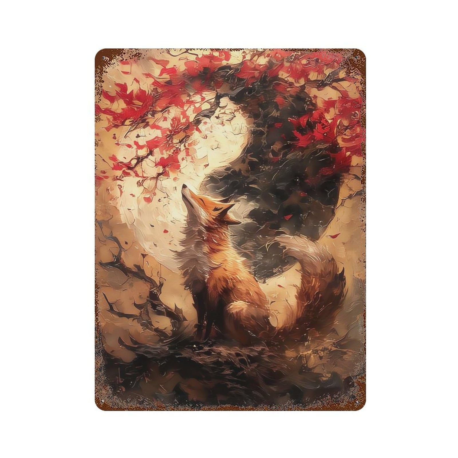 Cherry Fox Yin And Yang Rust Effect Tin Sign 15.7"x11.8", for Farmhouse, Kitchen And Entryway Decor, Decorative Metal Wall Art