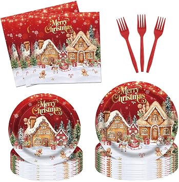 96Pcs Gingerbread House Merry Christmas Party Tableware Supplies Candy House Gingerbread Plates and Napkins Santa Birthday Baby Shower Party Set Decorations Serve 24 Guests