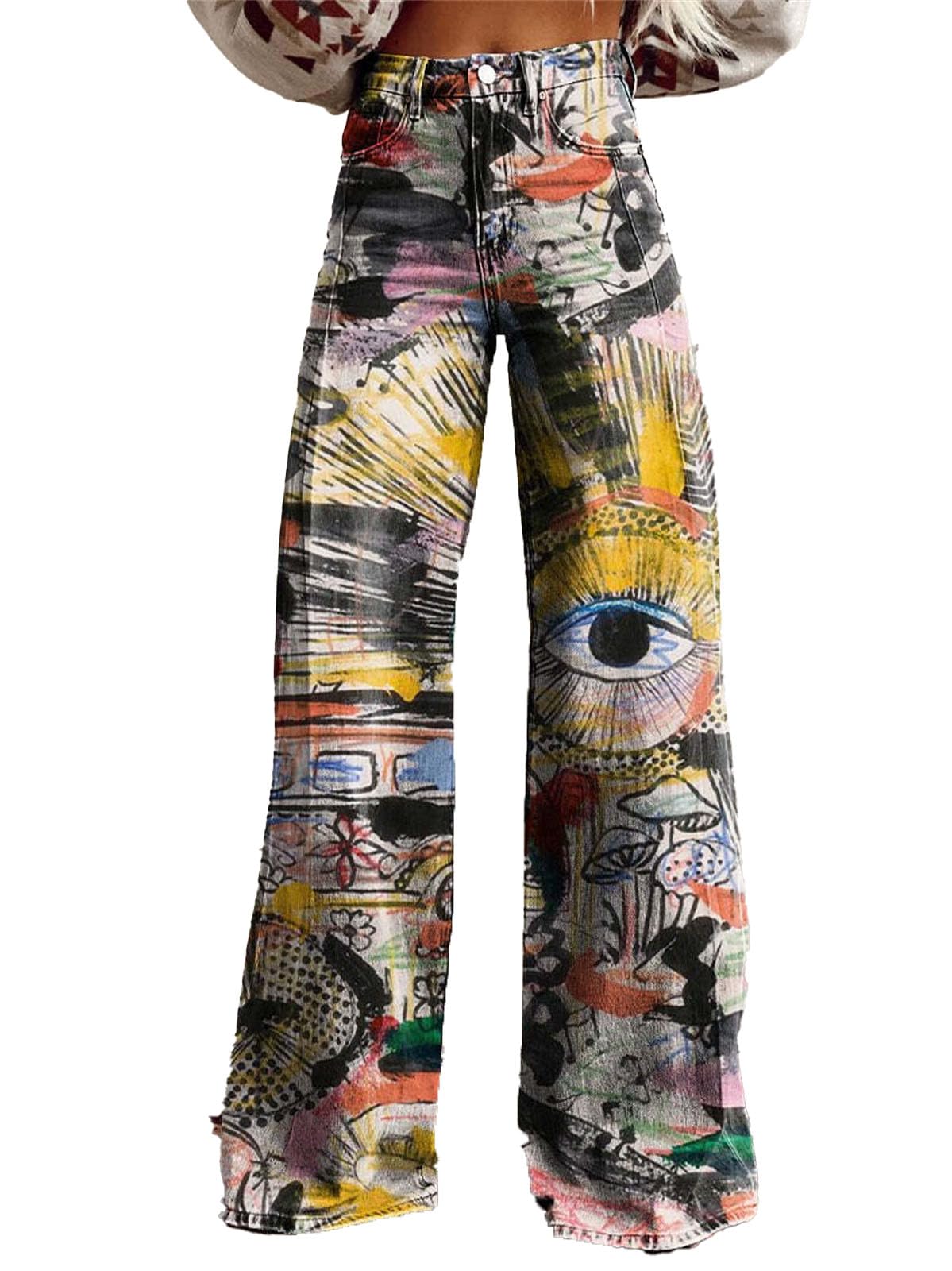 Womens Vintage Boho Floral Print Jeans - Mid Waisted Wide Leg Baggy Flare Pants with Pockets