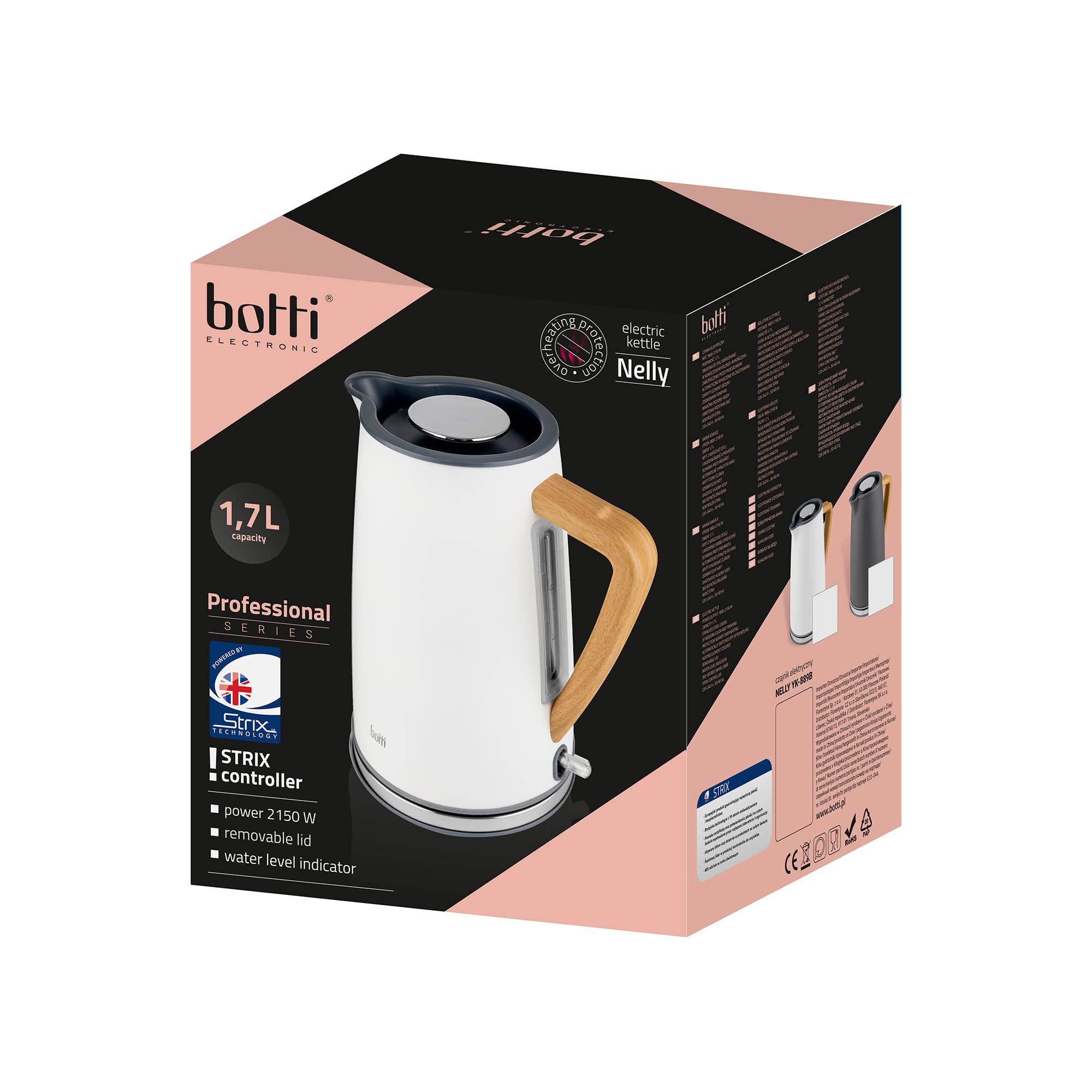 FLORINA Botti Nelly Hervidor de Agua Eléctrico Ultra Rápido, Inalámbrico sin Cable, Diseño Nórdico, 1,7 L, Asa Efecto Madera, Apagado Automático, Crema, 2150W (6C5405)