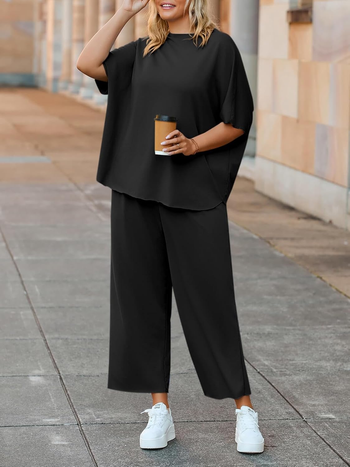 Beautife Women's Plus Size 2 Piece Outfits 3/4 Batwing Sleeve Capelet Crew Neck Pullover Top Wide Leg Pants Lounge Set - Image 2