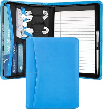 Small Portfolio Organizer, A5 Zippered Business Portfolio, Junior Padfolio Folder Binder for Women & Men, 5 x 8 Writing Pad Included, Blue.