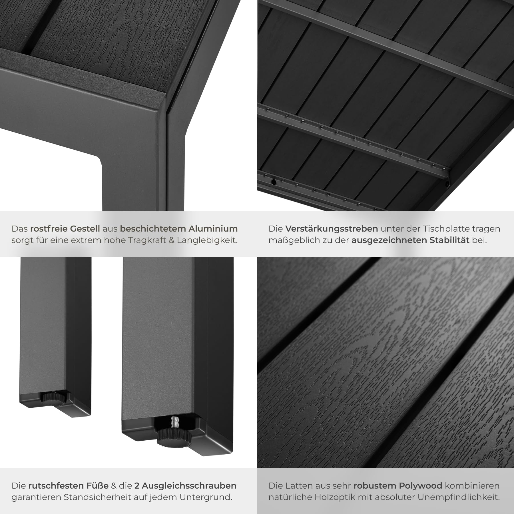 tectake® Gartentisch, Outdoor Esstisch, Balkontisch in Holz Optik, Terrassentisch mit Aluminiumrahmen, Gartenmöbel wetterfest, 90x90x74,5cm, Tisch für Garten, Lounge, Sitzgruppe - schwarz
