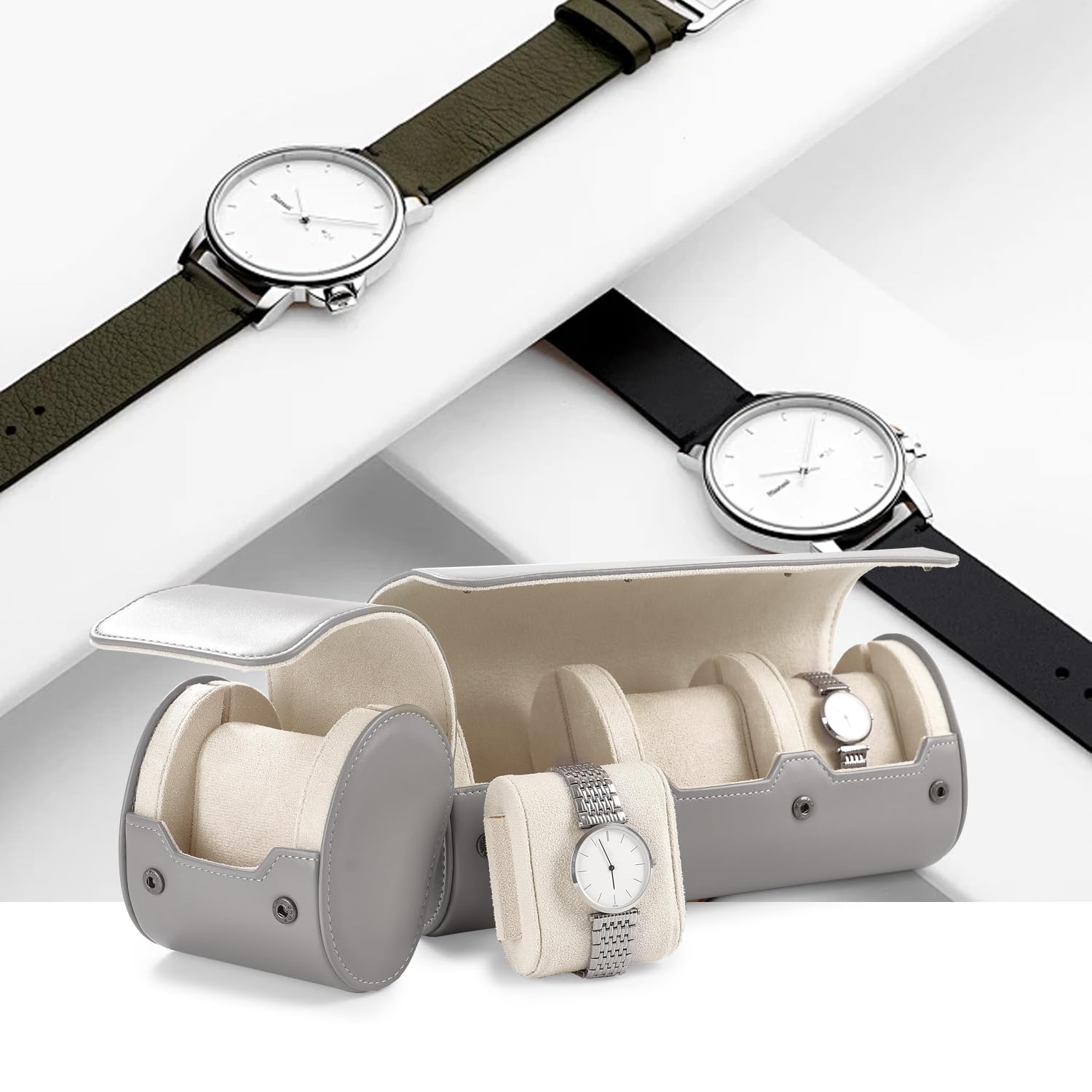 Scatola per Orologio Singolo Grigio Chiaro, Custodia da Viaggio compatta con Cuscino Rimovibile.