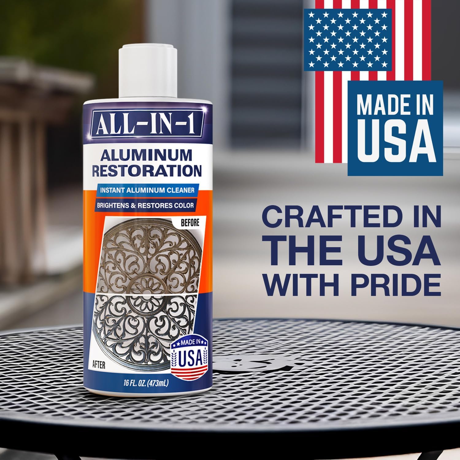 All-In-1 Aluminum Cleaner & Restoration Solution – Made in USA, Restores Faded Patio Furniture, Garage Doors, & Outdoor Fixtures, Aluminum Brightener & Restorer for All Painted Metal Surfaces, 16 OZ