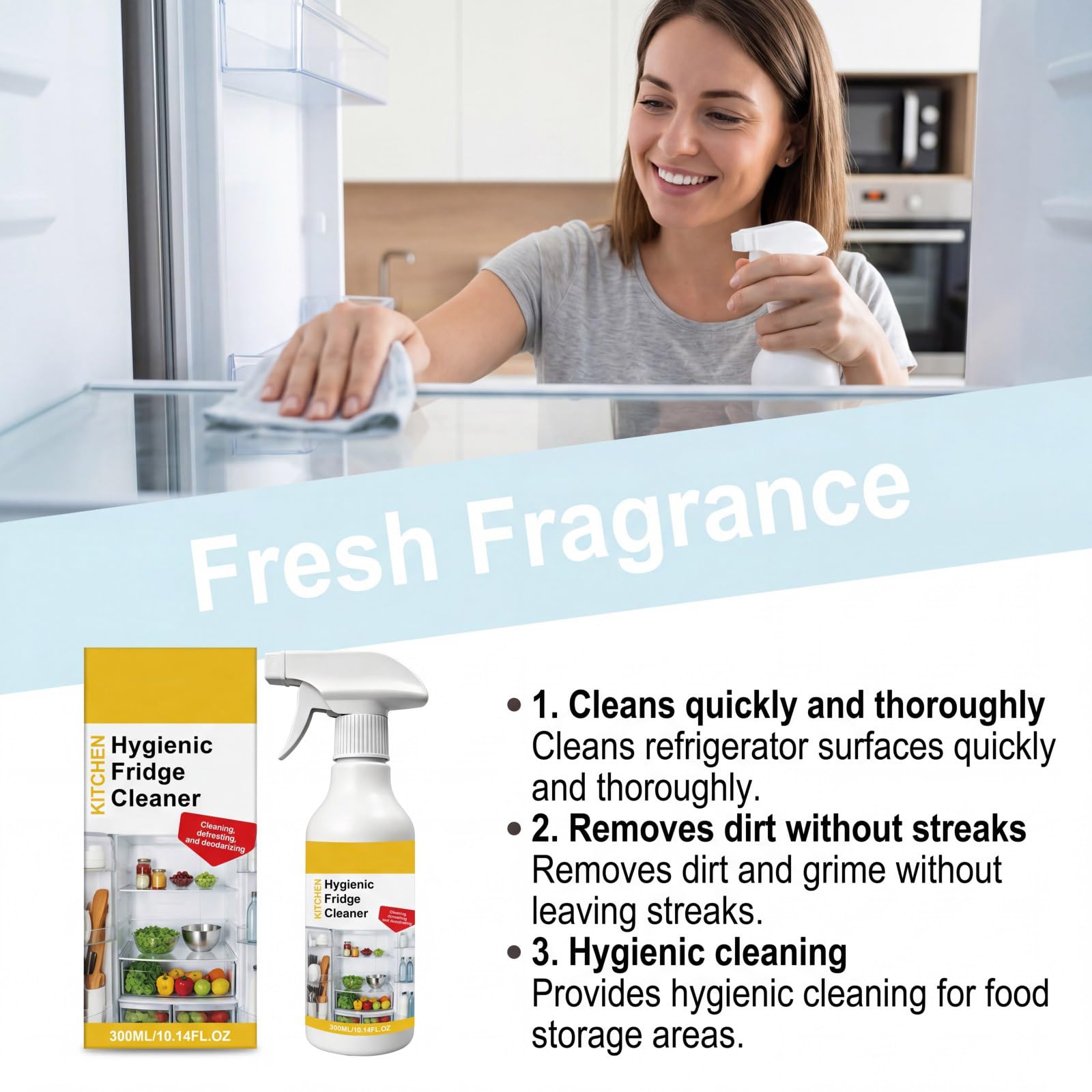 Spray limpiador de frigorífico para frigorífico interior, desengrasante multiusos para acero, plástico y vidrio, elimina aceite, grasa y olores del congelador, refrigerador, fórmula de limpieza para