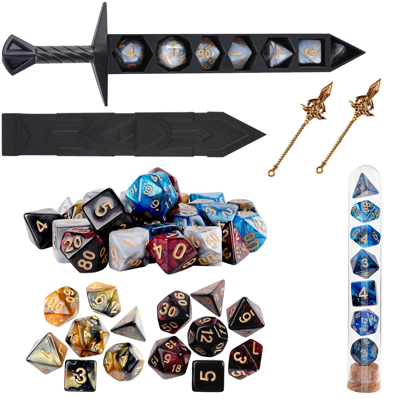 Set de Dados Poliédricos, Dados de Fantasía, Cube para Juegos de Mesa, Colección de 28 Cubes, Diseño Dos Colores con Caja Espada, para Juegos de rol y Estrategia