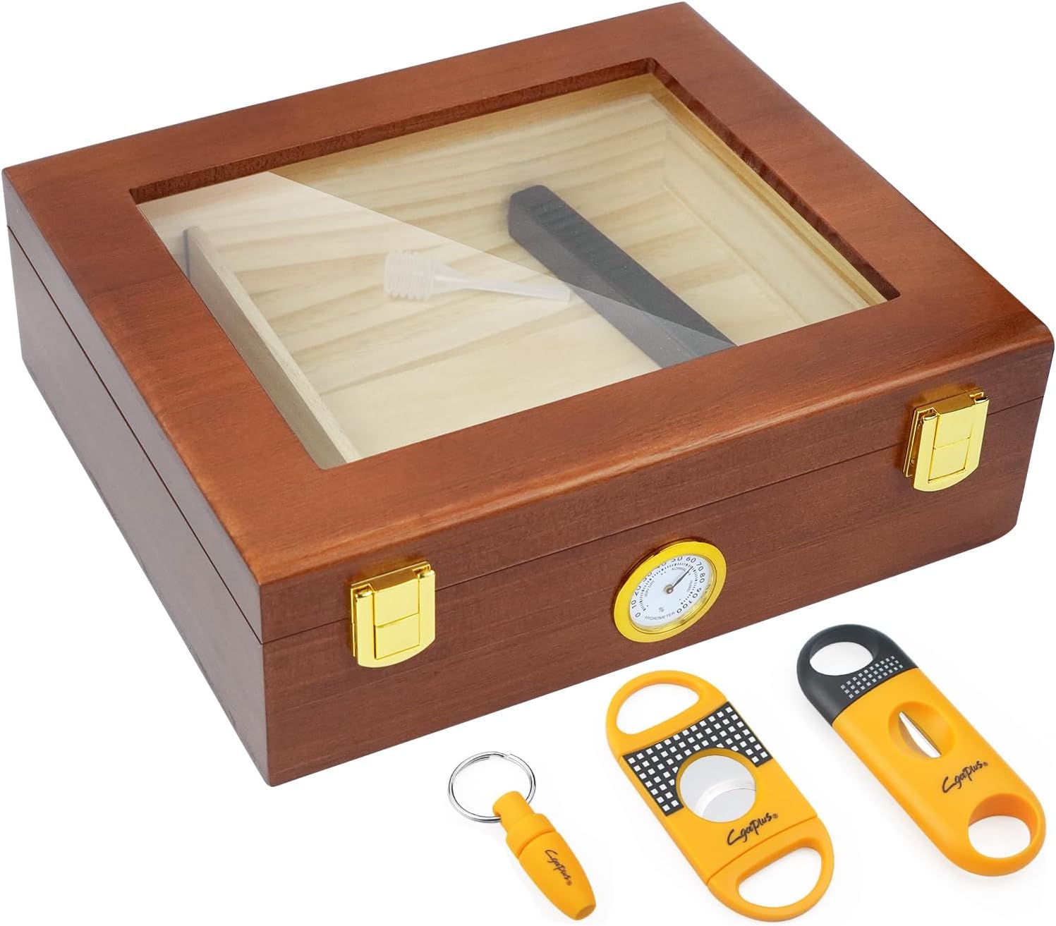 Cigar Humidor Box Desktop Cigar humidor with Hygrometer Humidifier Divider and Cigar Cutter Set Glass Top Cigar Box Holds 20-30 Cigars Wooden Humidor Cigar Box Brown - Image 2