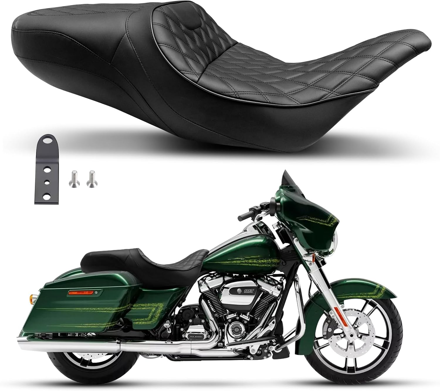 One-Piece Seat Driver & Passenger Seat 2-Up Fit For 1997-2007 Harley Touring Road King Road Glide Electra Glide, Black Stitch