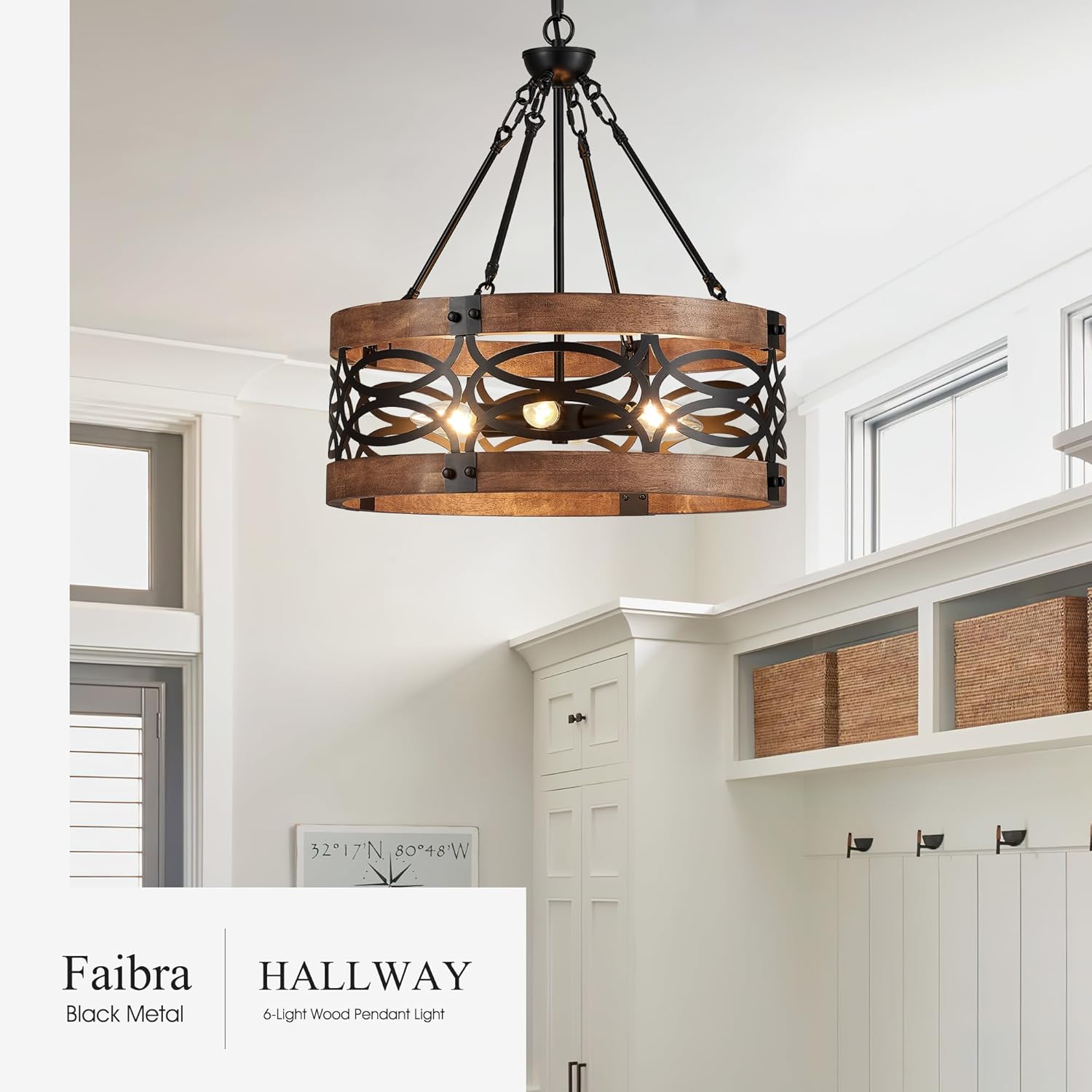 6-Light Farmhouse Drum Wood Pendant Light,19.7'' Vintage Rustic Brown Oak Wood Chandeliers,Retro Industrial Hanging Light Fixtures for Dining Room Entryway, Bedroom