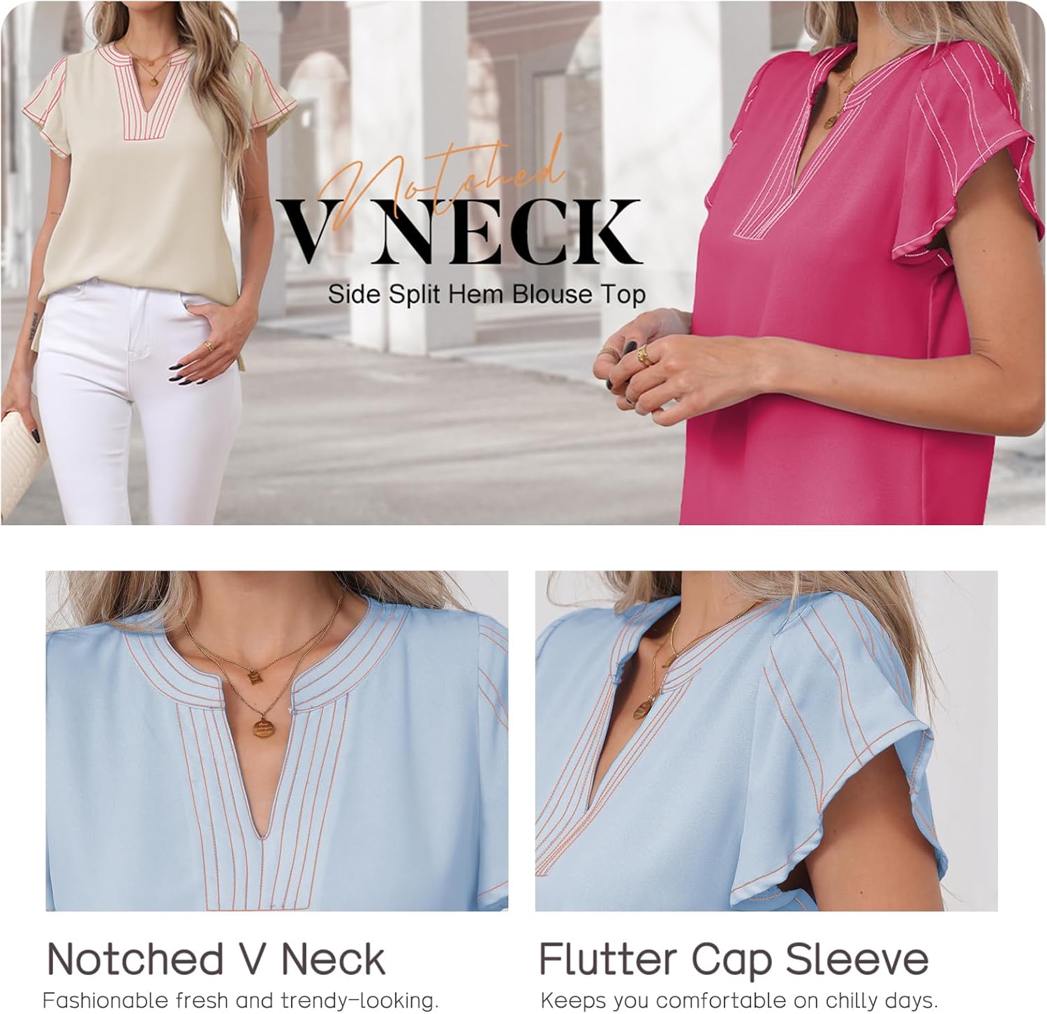 Famulily Womens Cute Flutter Cap Sleeve Notched V Neck Blouse Top Contrast Color Stitched Line Side Split Hem Tee Shirt - Image 5