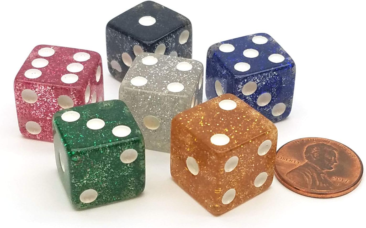Set of 6 16mm D6 Glitter Dice - 1 Each of Red Black Green Yellow Blue White