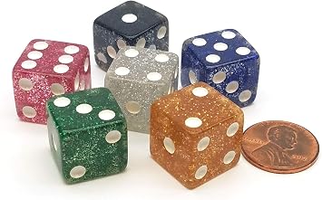 Set of 6 16mm D6 Glitter Dice - 1 Each of Red Black Green Yellow Blue White