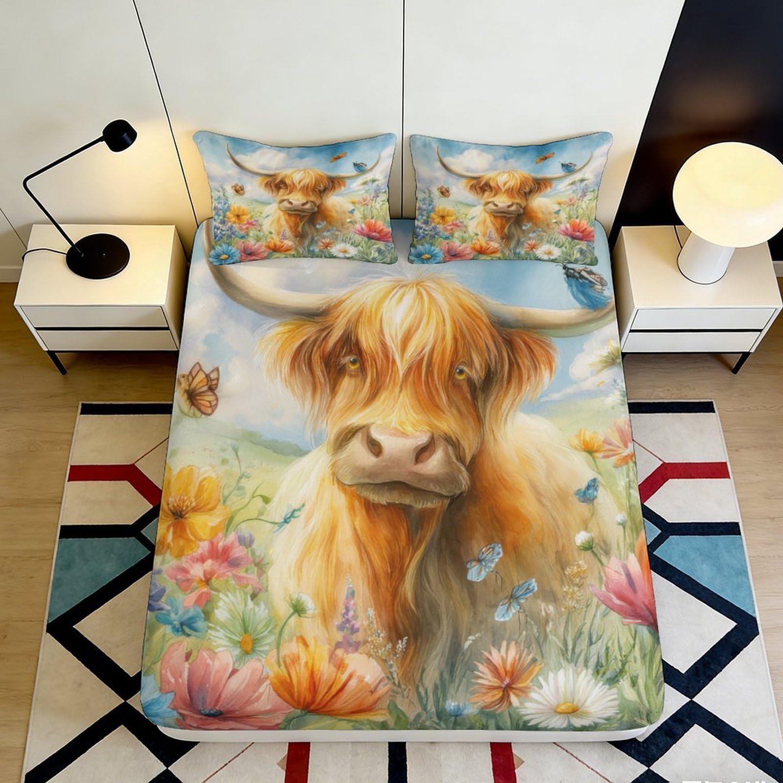 3D Printed Highland Cow Fitted Sheet Microfiber Soft Breathable Floral Pasture Mattress Cover for Bedroom Dorm Decor 90x200x25cm