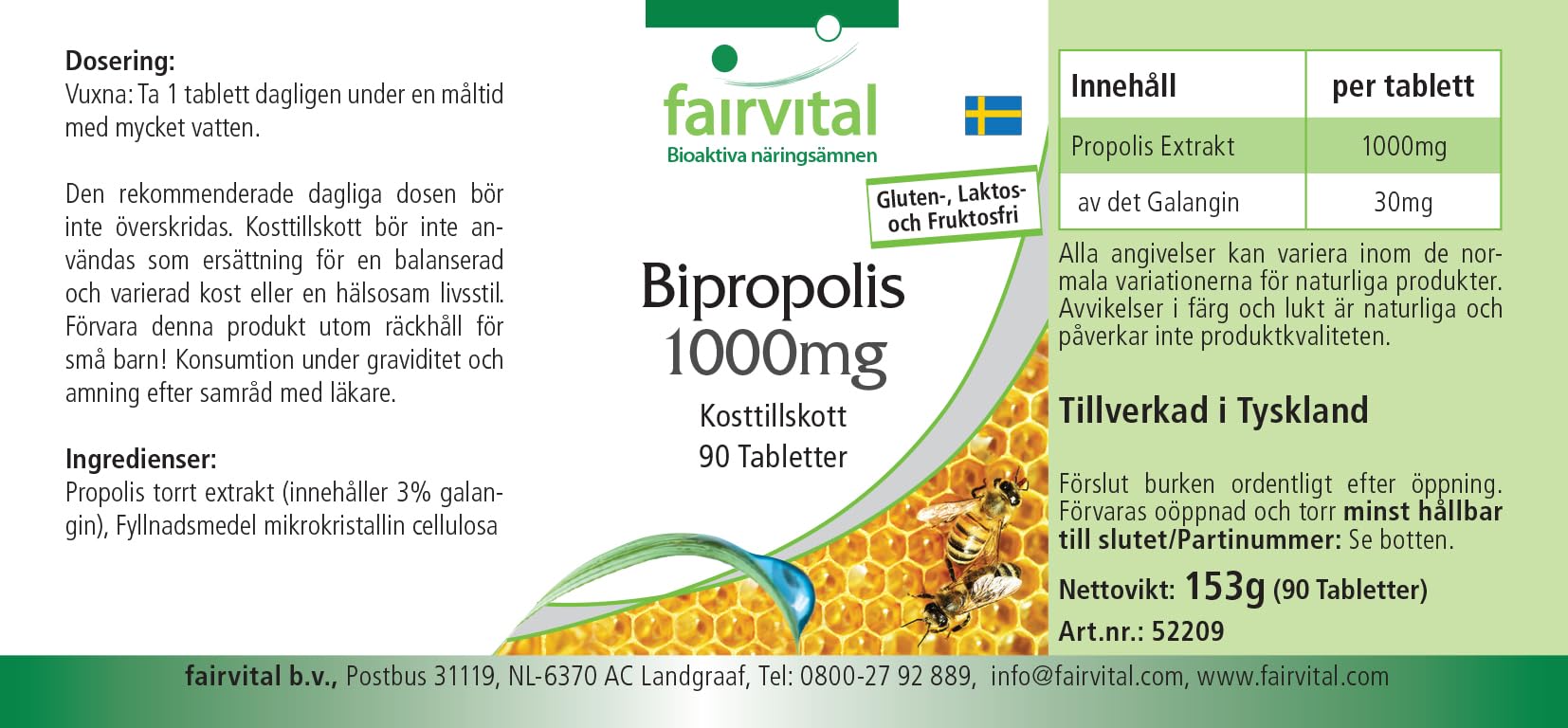 fairvital Propoli d'api 1000 mg, estratto naturale di resina d'api, con il 3% di galangina, ALTO DOSAGGIO, 90 compresse