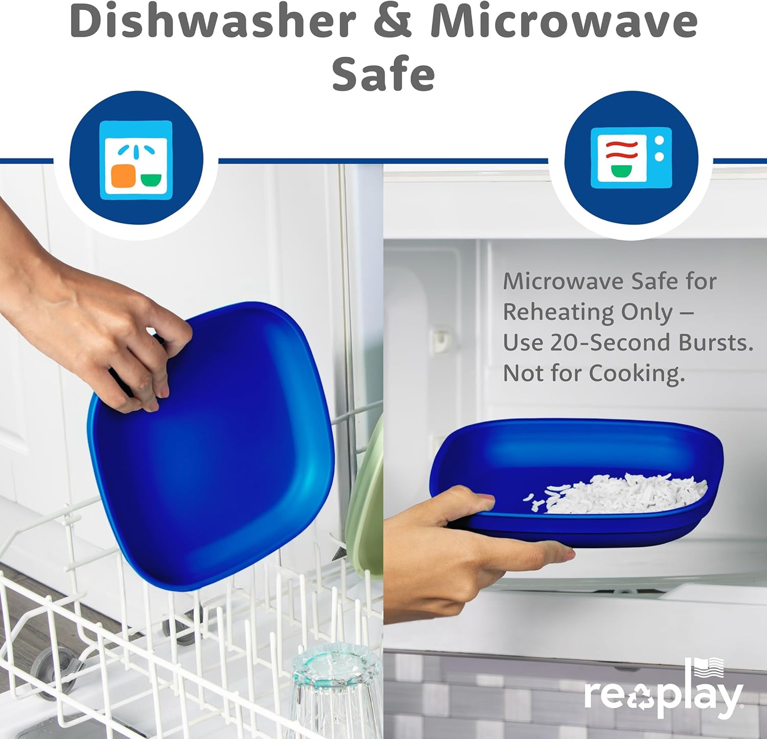 Re-Play Toddler Plates - 32 Oz. Deep-Walled Flat Kids Plates - Dishwasher & Microwave Safe - Made in USA - Set of 4-9" x 9" x 1.25" - Navy Blue - Image 7