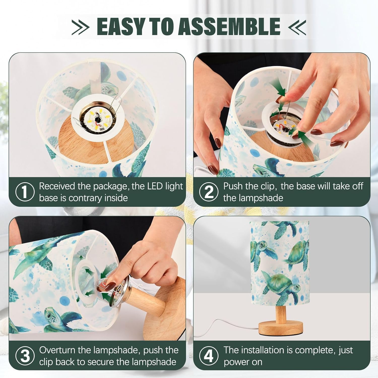 Bedside Lamp Sea Turtles Teal Table Lamp for Bedroom LED Nightstand Lamp Shade USB Ports Wood Base for Living Room Dorm Office