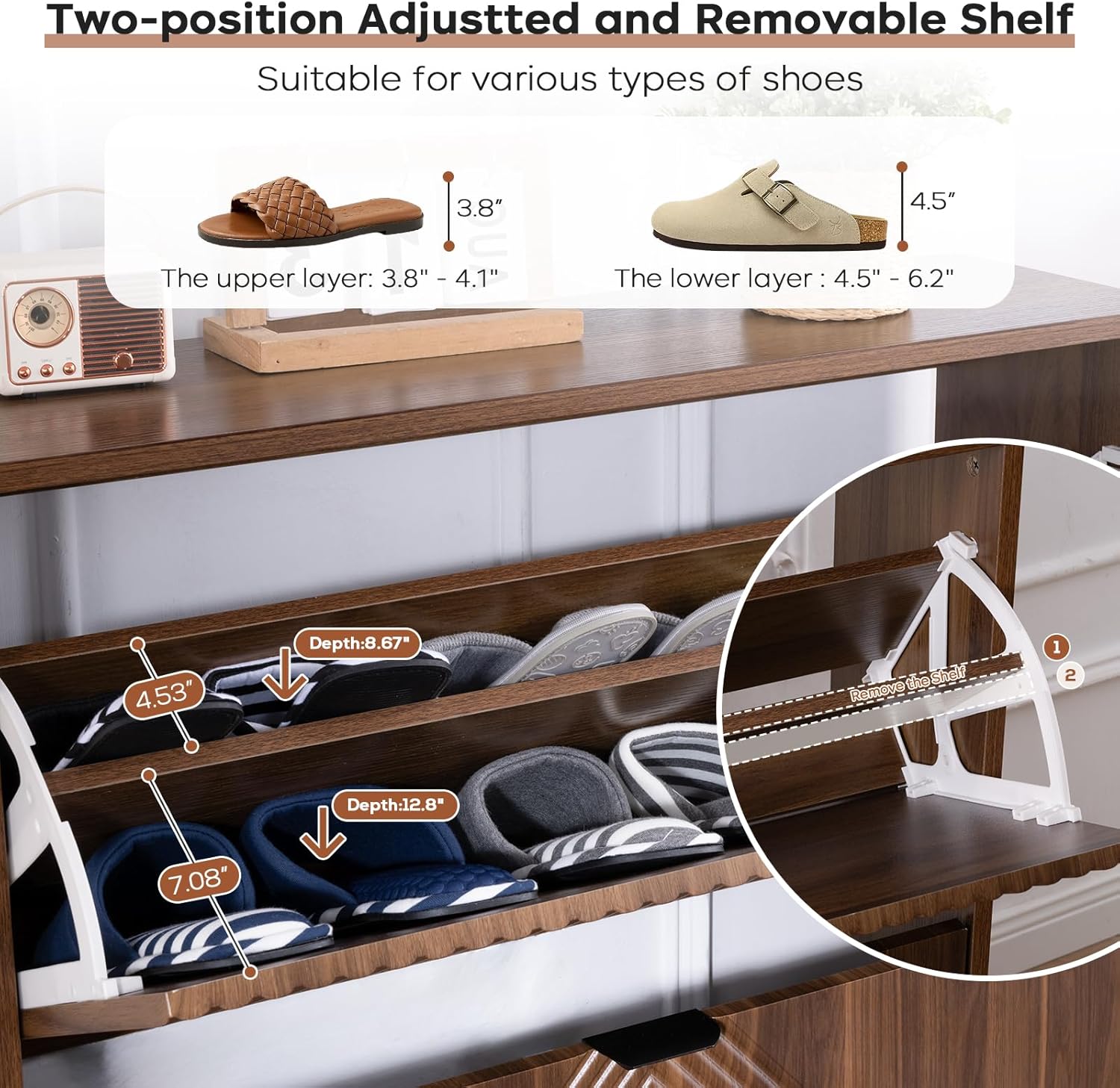 Shoe Cabinet with 2 Flip Drawers, 31.5" Walnut Narrow Hidden Shoe Storage Cabinet, Freestanding Shoe Rack Organizer with Wooden Legs, Farmhouse Slim Shoe Storage for Entryway, Foyer, Hallway