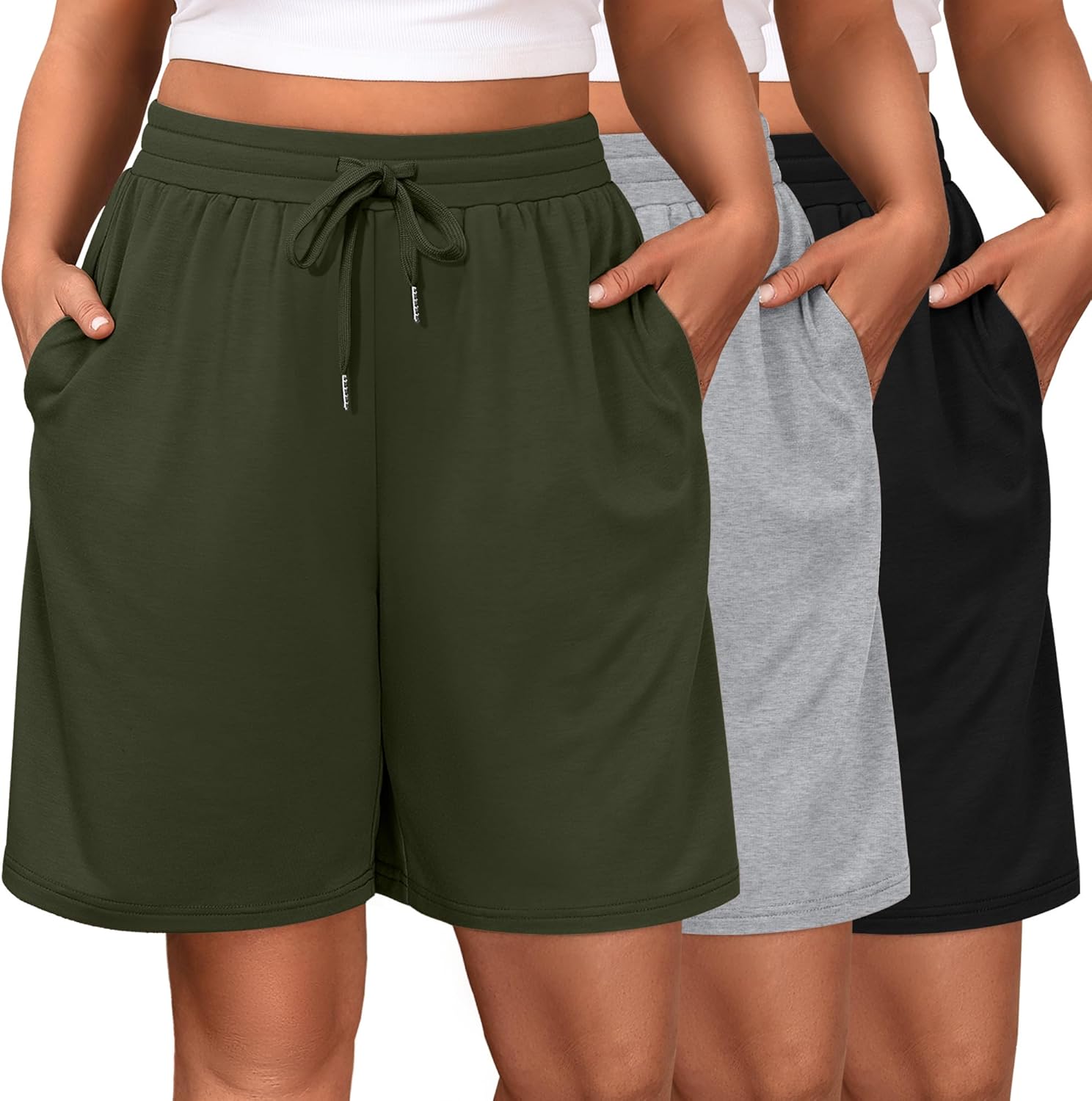 Riyiper 3 Pack Women's Plus Size Shorts Drawstring Bermuda Shorts Casual Wide Leg Knee Length Shorts with Pockets