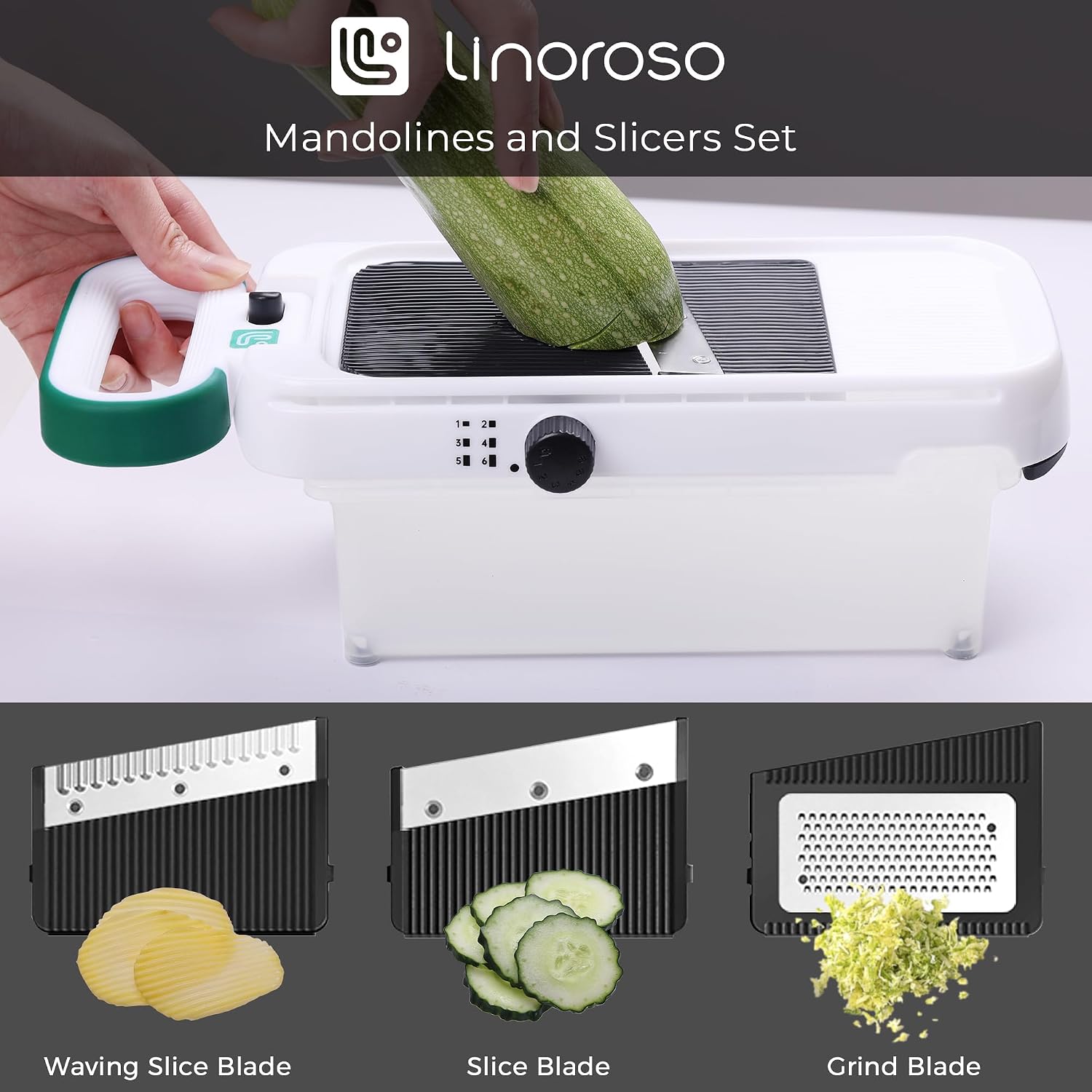 linoroso Adjustable Mandoline Food Slicer 5 in 1, Mandoline Slicer for Kitchen with Container, Vegetable Chopper Shredder Wave Cutter for Potato, Carrot, Zucchini, Grindder for Cheese Lemon