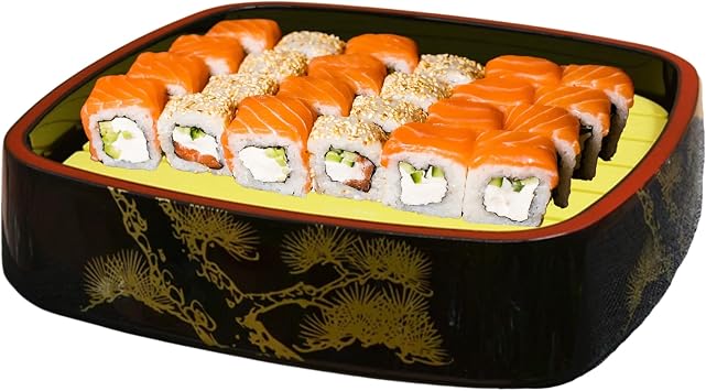 Dark Red with Bonsai Art Sushi Serving Tray - Square Sashimi Platter & Seafood Dish, Japanese Lacquered Plastic Tray for Weddings, Parties, BBQs, Events with Ice Compartment - Small 9 Inch