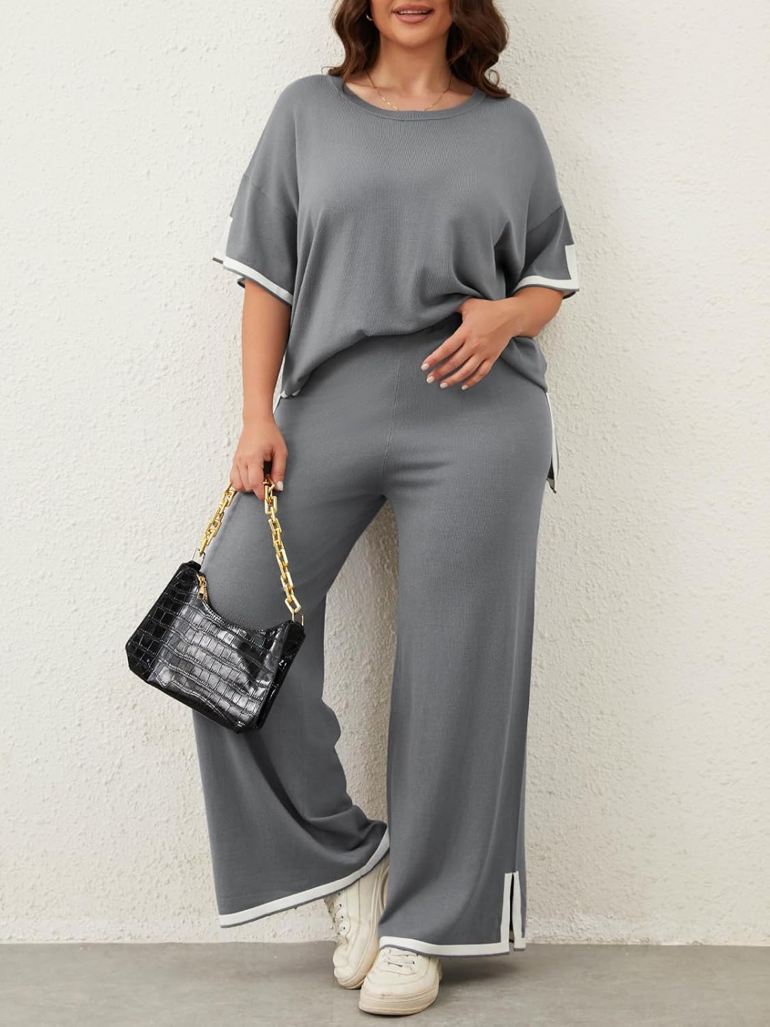 Imily Bela Womens Plus Size Lounge Sets 2 Piece Outfits Short Sleeve Pullover Tops Wide Leg Pants Summer Travel Outfits - Image 2