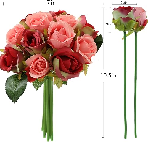 Miniatura 2 de Ramo de flores de rosas artificiales rosas, 24 piezas pequeñas de seda falsa decoración floral para el hogar, oficina, centro de mesa, fiesta, ramo